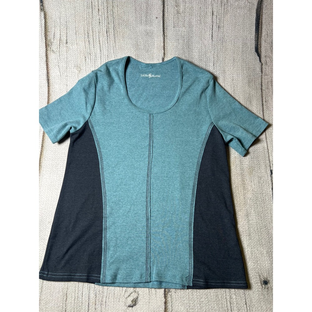 Laura Hlavac Short Sleeve Top Womens Size M‎ Teal Gray Colorblock Minimalist